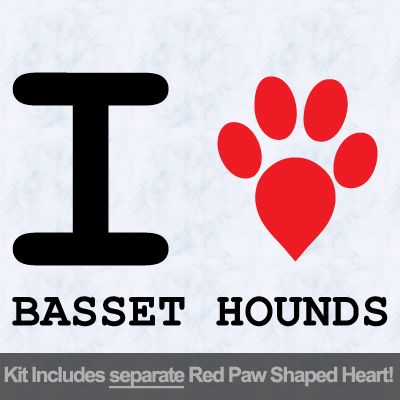 I Love Basset Hounds with Red Paw Heart Iron on Decal
