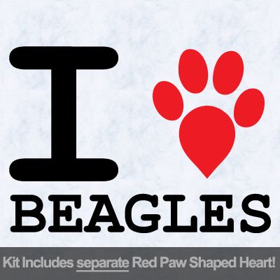 I Love Beagles with Red Paw Heart Iron on Decal
