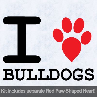 I Love Bulldogs with Red Paw Heart Iron on Decal