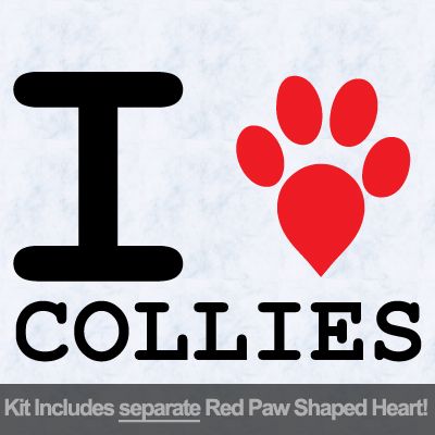 I Love Collies with Red Paw Heart Iron on Decal