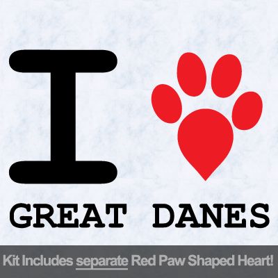 I Love Great Danes with Red Paw Heart Iron on Decal