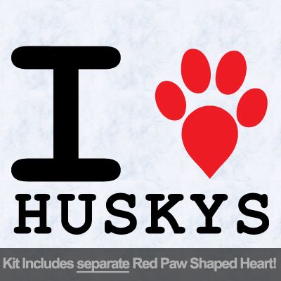 I Love Huskys with Red Paw Heart Iron on Decal