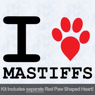 I Love Mastiffs with Red Paw Heart Iron on Decal