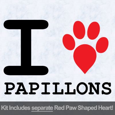 I Love Papillions with Red Paw Heart Iron on Decal