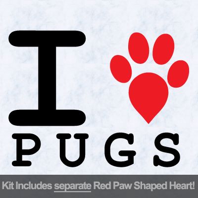 I Love Pugs with Red Paw Heart Iron on Decal