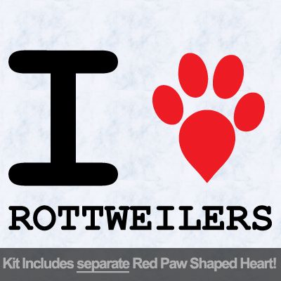I Love Rottweilers with Red Paw Heart Iron on Decal