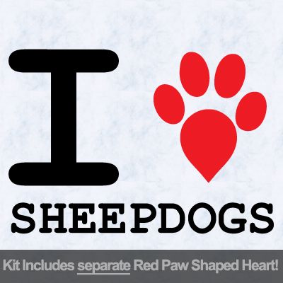 I Love Sheep Dogs with Red Paw Heart Iron on Decal