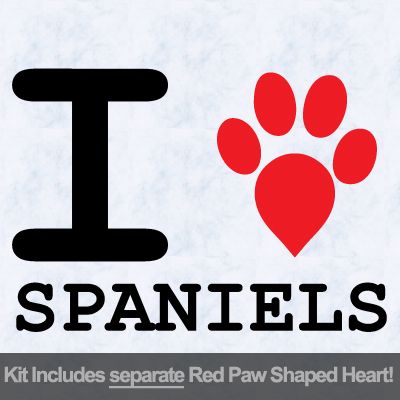 I Love Spaniels with Red Paw Heart Iron on Decal
