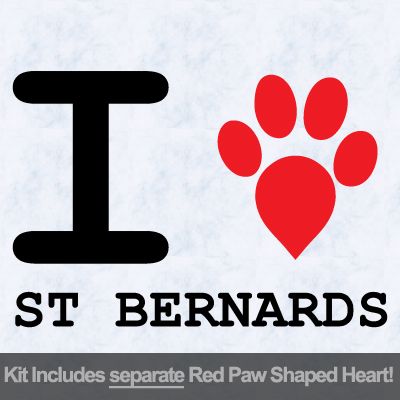 I Love St Bernards with Red Paw Heart Iron on Decal