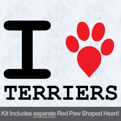 I Love Terriers with Red Paw Heart Iron on Decal